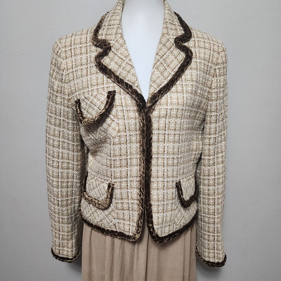 Allen by Allen B. Schwartz neutral tan tweed brown velvet trim blazer size 14